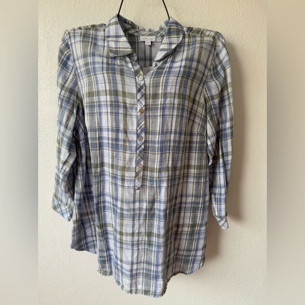 J. Jill Blue and Green Plaid Shirt 100% linen